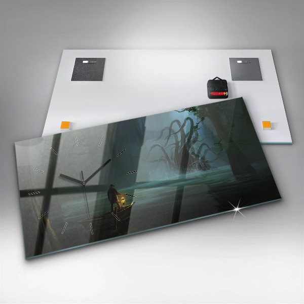 Horizontální skleněné hodiny na stěnu Člověk a příšera v bažině