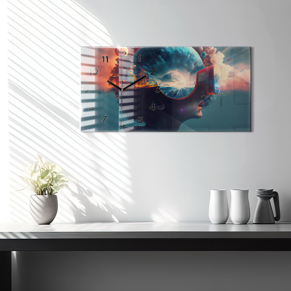 Horizontální skleněné hodiny na stěnu Futuristický virtuální svět