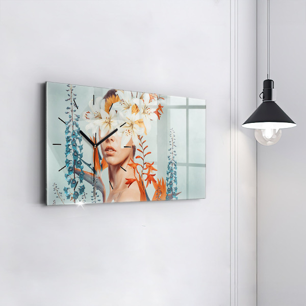 Horizontální skleněné hodiny na stěnu Žena s květinami