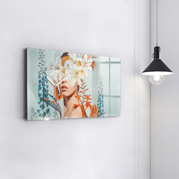 Horizontální skleněné hodiny na stěnu Žena s květinami
