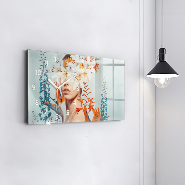 Horizontální skleněné hodiny na stěnu Žena s květinami