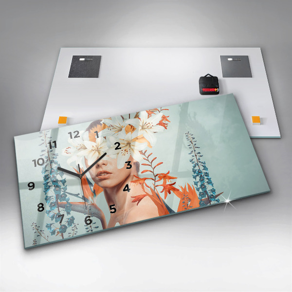 Horizontální skleněné hodiny na stěnu Žena s květinami