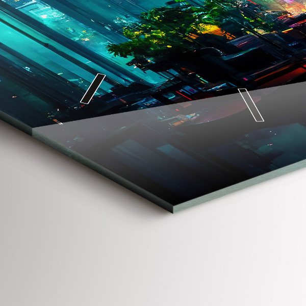 Horizontální skleněné hodiny na stěnu Město v kyberpunkovém stylu