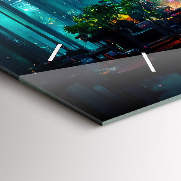 Horizontální skleněné hodiny na stěnu Město v kyberpunkovém stylu