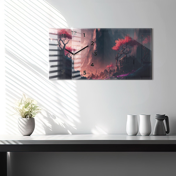 Horizontální skleněné hodiny na stěnu Kouzelný les a pohoří
