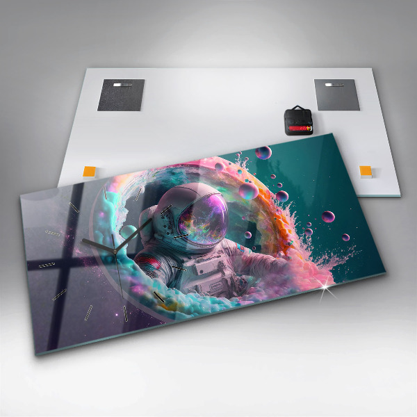 Horizontální skleněné hodiny na stěnu Kosmonautské barevné mraky