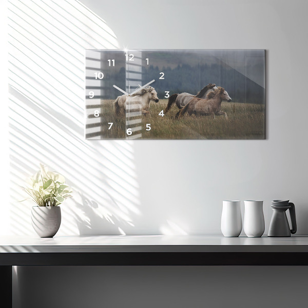 Horizontální skleněné hodiny na stěnu Koně ve cvalu