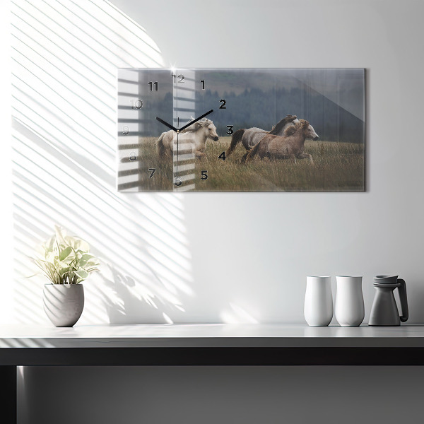Horizontální skleněné hodiny na stěnu Koně ve cvalu