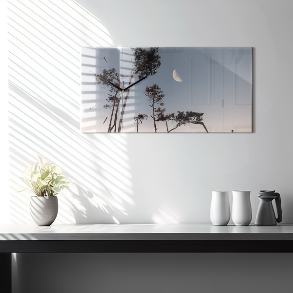 Horizontální skleněné hodiny na stěnu Půlměsíc a stromy