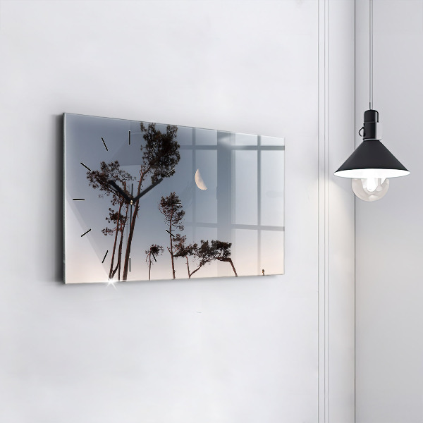 Horizontální skleněné hodiny na stěnu Půlměsíc a stromy