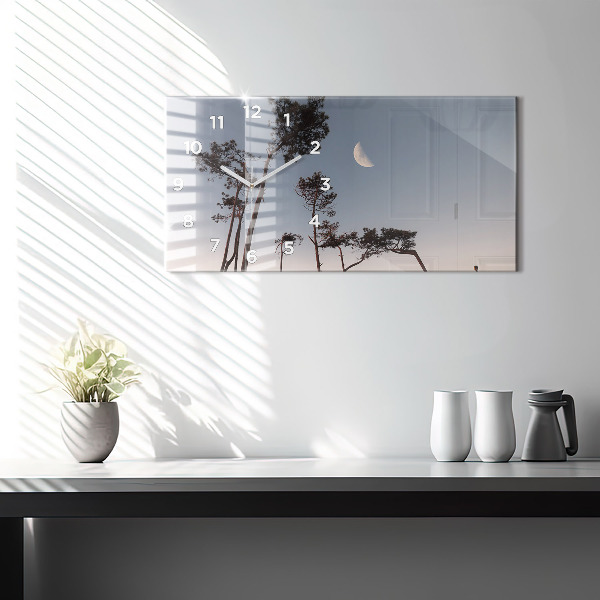 Horizontální skleněné hodiny na stěnu Půlměsíc a stromy