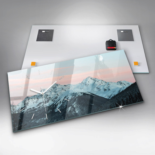 Horizontální skleněné hodiny na stěnu Horské pásmo v zimě