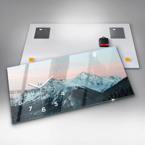 Horizontální skleněné hodiny na stěnu Horské pásmo v zimě