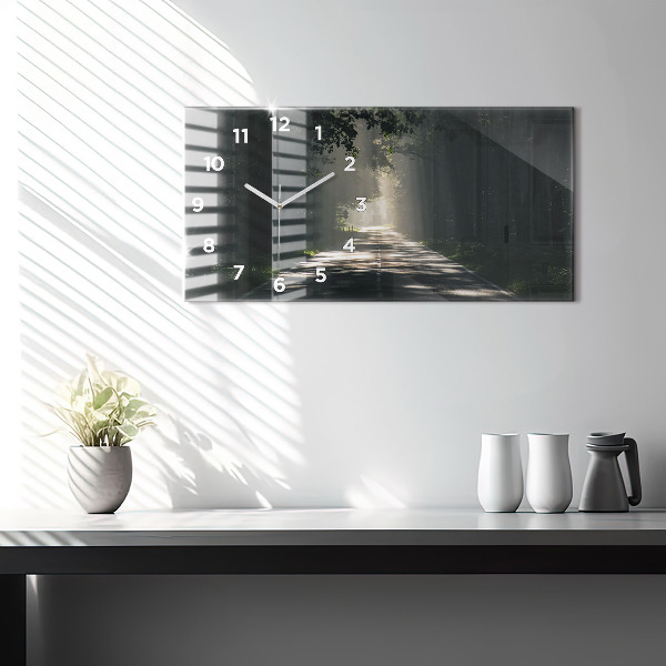 Horizontální skleněné hodiny na stěnu Lesní cesta a pruhy slunce