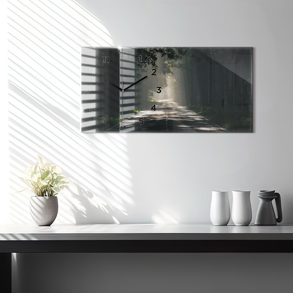 Horizontální skleněné hodiny na stěnu Lesní cesta a pruhy slunce