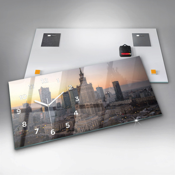 Horizontální skleněné hodiny na stěnu Panorama Varšavy