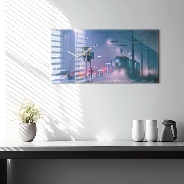 Horizontální hodiny na skle Varšava v mlze