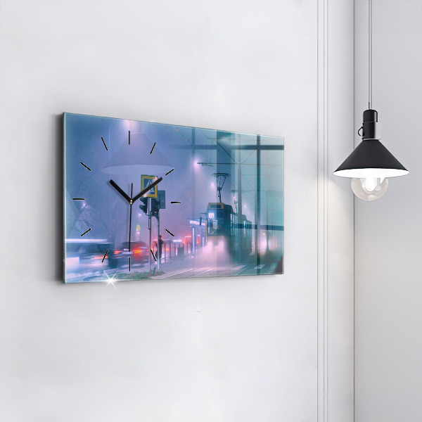 Horizontální hodiny na skle Varšava v mlze