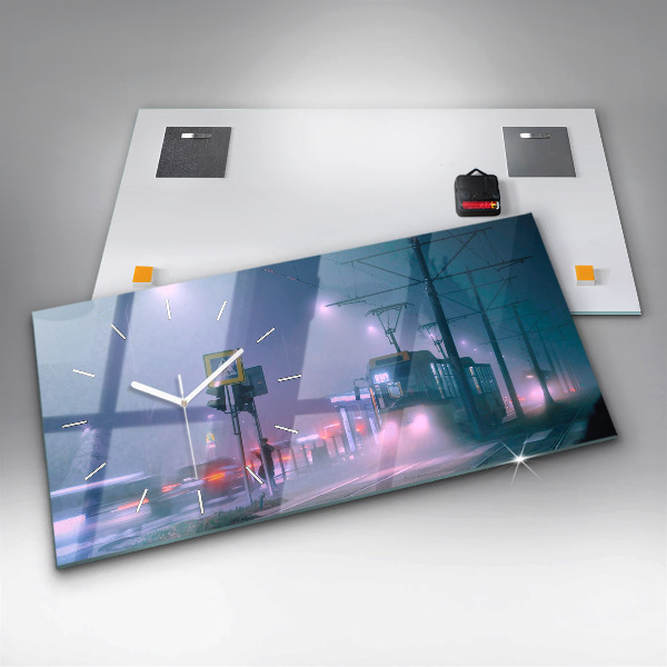 Horizontální hodiny na skle Varšava v mlze