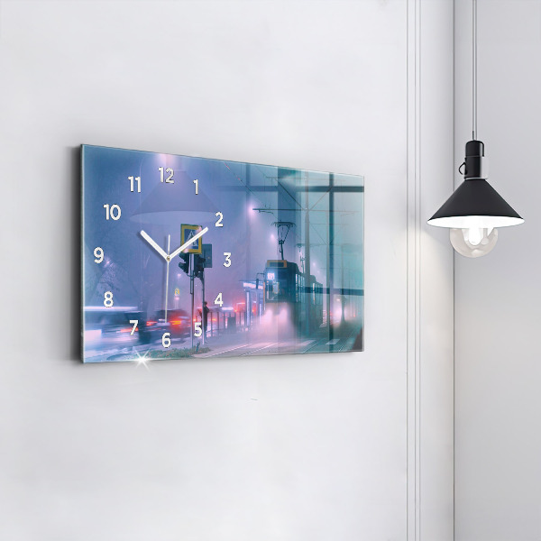 Horizontální hodiny na skle Varšava v mlze
