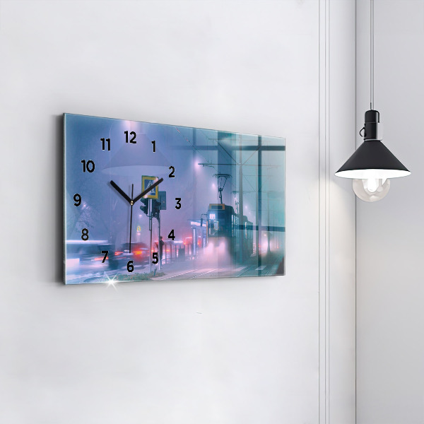 Horizontální hodiny na skle Varšava v mlze