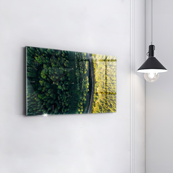 Horizontální skleněné hodiny na stěnu Les z ptačí perspektivy