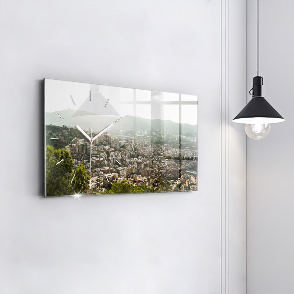 Horizontální skleněné hodiny na stěnu Pohled na Montjuic v Barceloně