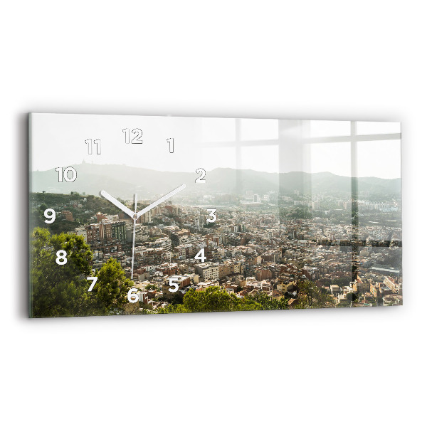 Horizontální skleněné hodiny na stěnu Pohled na Montjuic v Barceloně