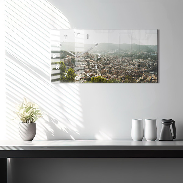 Horizontální skleněné hodiny na stěnu Pohled na Montjuic v Barceloně