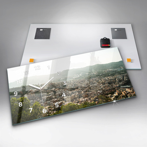 Horizontální skleněné hodiny na stěnu Pohled na Montjuic v Barceloně