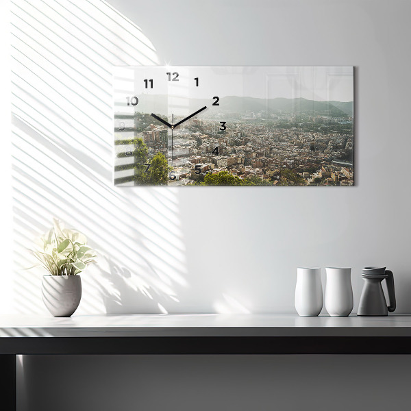 Horizontální skleněné hodiny na stěnu Pohled na Montjuic v Barceloně