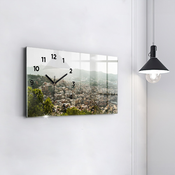 Horizontální skleněné hodiny na stěnu Pohled na Montjuic v Barceloně