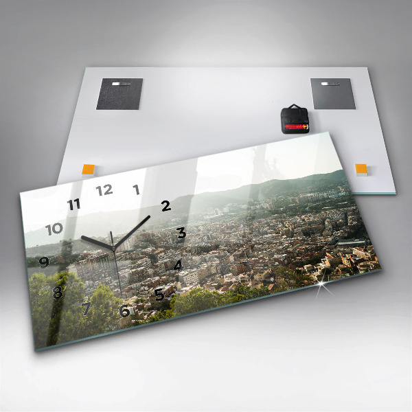 Horizontální skleněné hodiny na stěnu Pohled na Montjuic v Barceloně