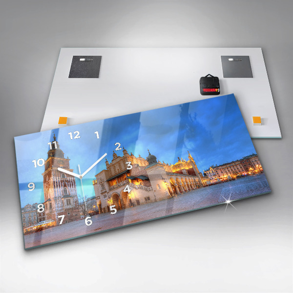 Horizontální hodiny na skle Hlavní náměstí v Krakově