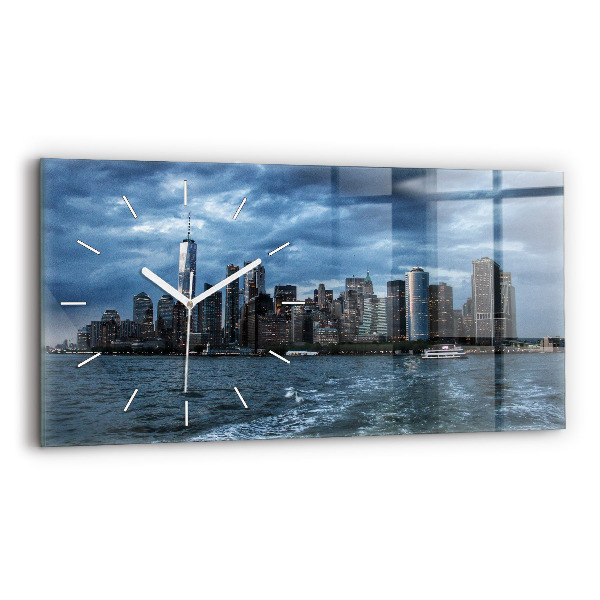 Horizontální skleněné hodiny na stěnu Panorama New Yorku