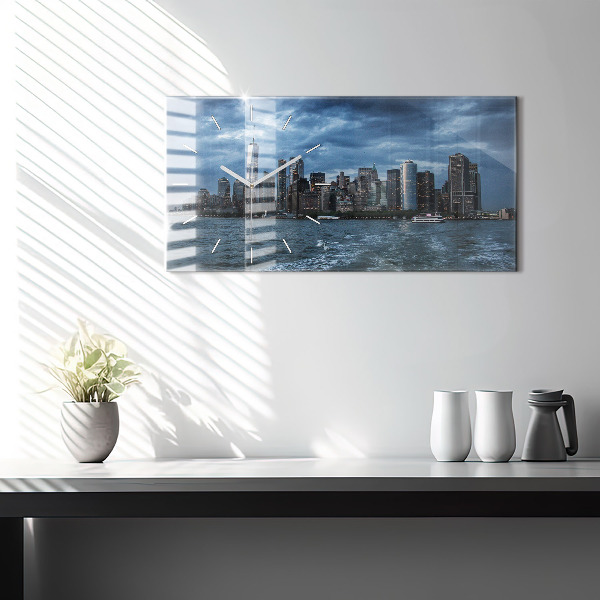 Horizontální skleněné hodiny na stěnu Panorama New Yorku