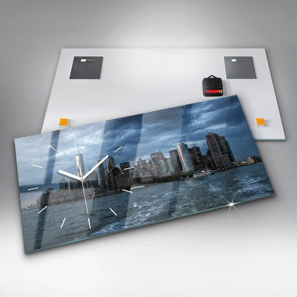 Horizontální skleněné hodiny na stěnu Panorama New Yorku