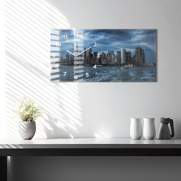 Horizontální skleněné hodiny na stěnu Panorama New Yorku