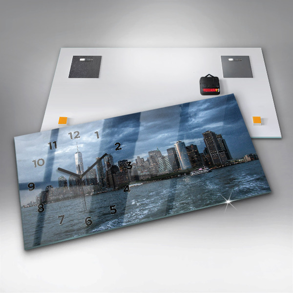 Horizontální skleněné hodiny na stěnu Panorama New Yorku