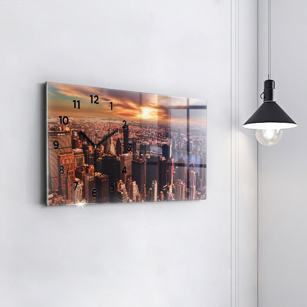 Horizontální skleněné hodiny na stěnu Panorama města na západ