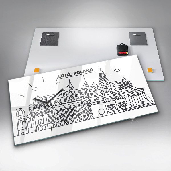 Horizontální hodiny na skle Lodžské architektonické panorama