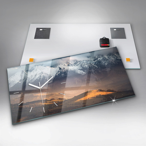 Horizontální skleněné hodiny na stěnu Tatry v zimním panoramatu