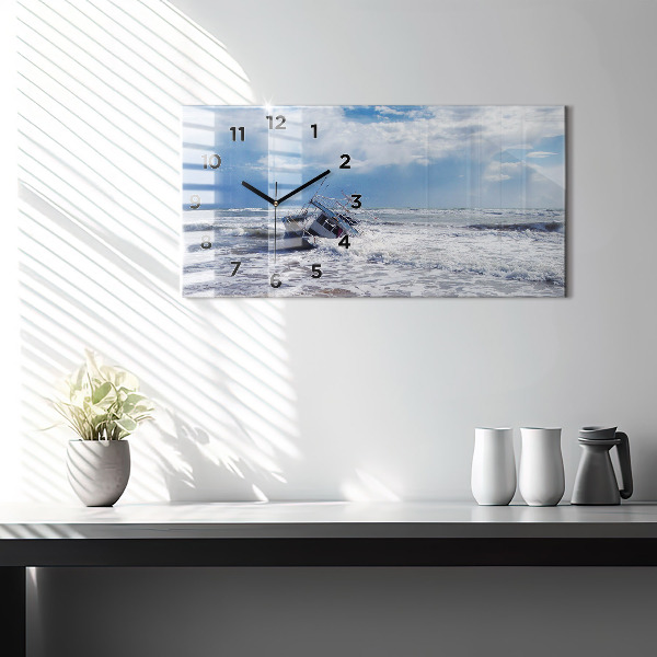 Horizontální skleněné hodiny na stěnu Potopené vodní plavidlo