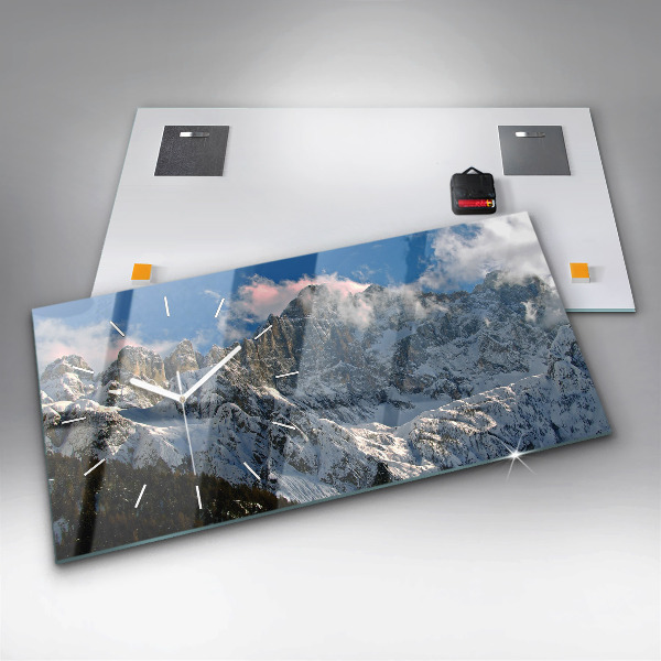 Horizontální skleněné hodiny na stěnu Hory pod modrou oblohou