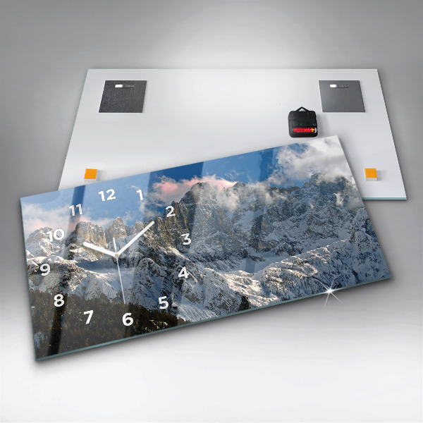 Horizontální skleněné hodiny na stěnu Hory pod modrou oblohou