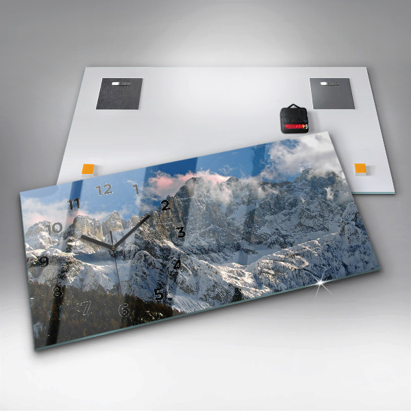 Horizontální skleněné hodiny na stěnu Hory pod modrou oblohou