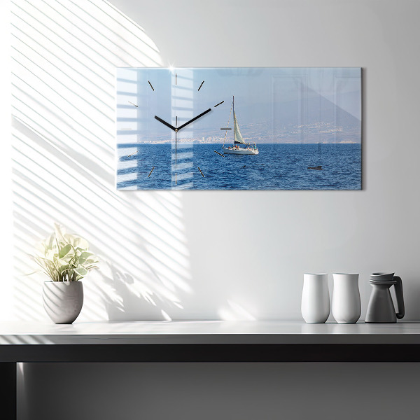 Horizontální skleněné hodiny na stěnu Jachta na Tenerife