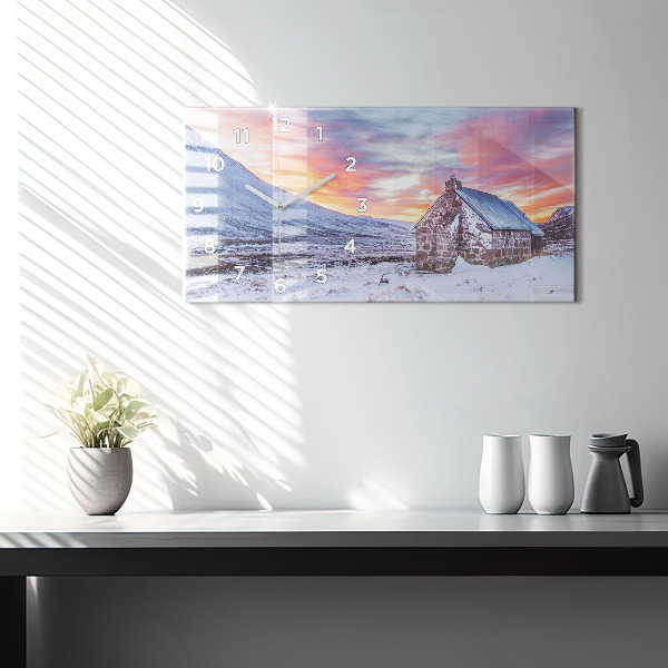 Horizontální skleněné hodiny na stěnu Chata v horách