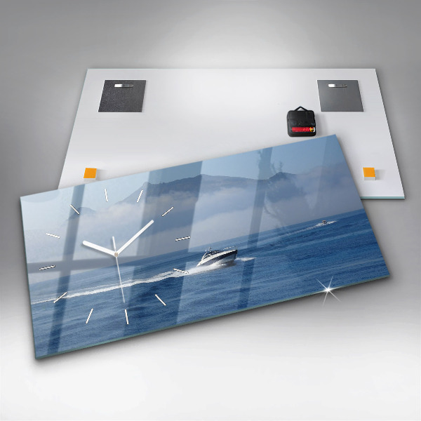 Horizontální skleněné hodiny na stěnu Plovoucí loď na oceánu