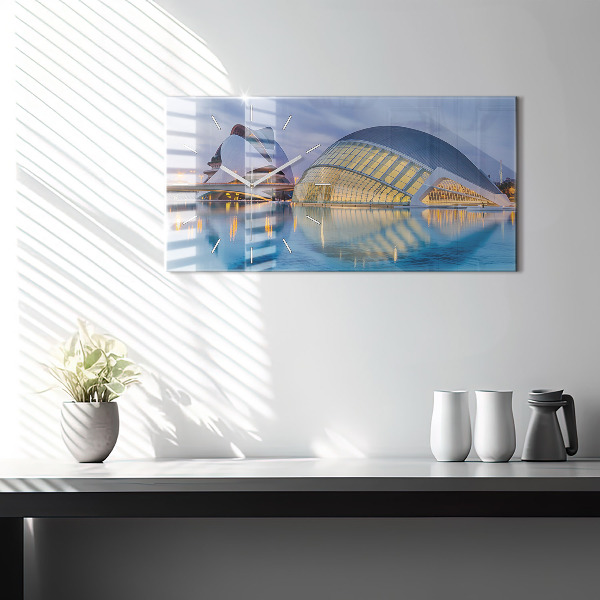 Horizontální skleněné hodiny na stěnu Západ slunce ve městě